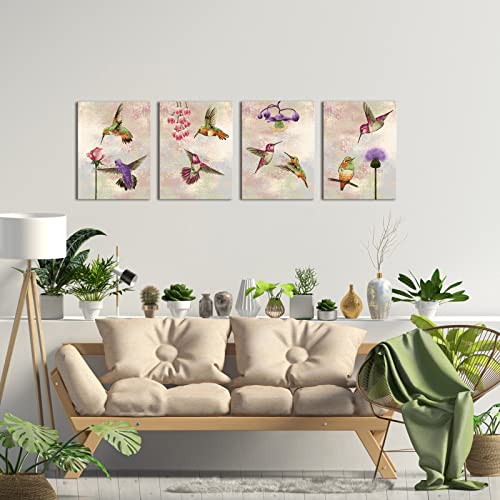 Bird Canvas Wall Art Set - Hummingbird Flower Pictures for Living Room & Bedroom Decor - 4 Pieces, 12x16 Inches