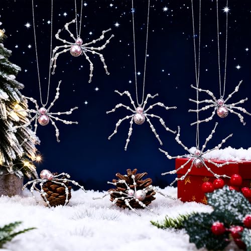 Champagne Pearl Spider Christmas Hanging Beaded Ornament - 8 Pack