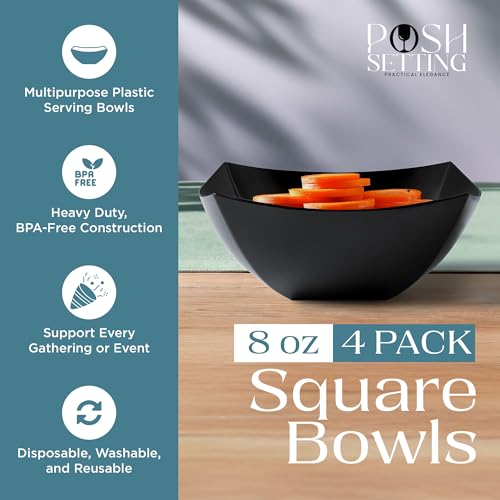 8oz Disposable Black Plastic Square Serving Bowls - Party & Candy Use, 4 Pack