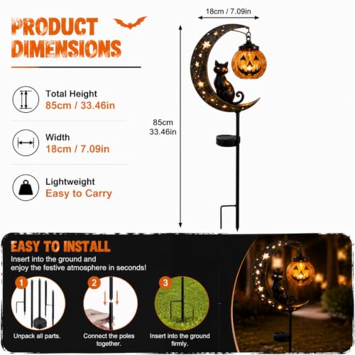 Halloween Black Cat LED Lantern Waterproof Outdoor Holiday Decoration with Crescent Moon & Hanging Jack-O'-Lantern