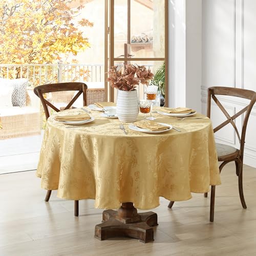 Oval Gold Woven Leaves Jacquard Damask Tablecloth 60 x 84 Inches - Elegant Home Decor