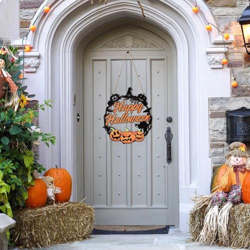 Halloween Wooden Ghost Door Sign Wreath - Large Pumpkin & Black Cat Variation