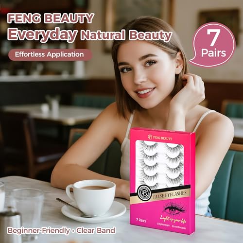 Cat Eye False Eyelashes N001 - Wispy Lightweight Fake Lashes with Clear Band, 7-Pair Set