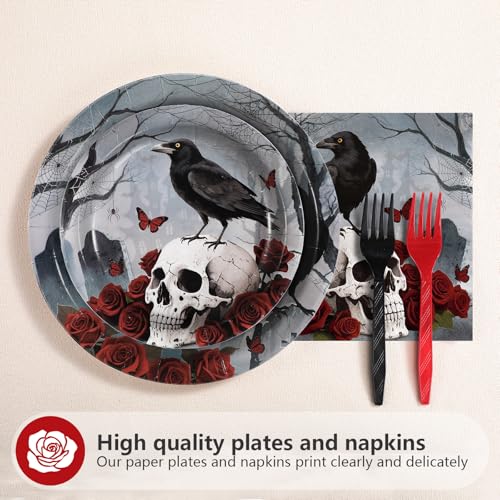 200PCS Halloween Gothic Skull Rose Party Supplies Plates Napkins Set