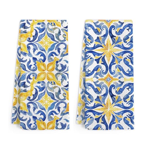 Chinoiserie Mediterranean Kitchen Towels Set of 2 - Blue & Yellow Sicilian Hand Towels