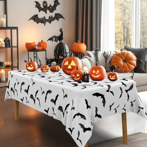 White Bat Halloween Tablecloths - 3 Pack Waterproof 54x108 Inch Decorations