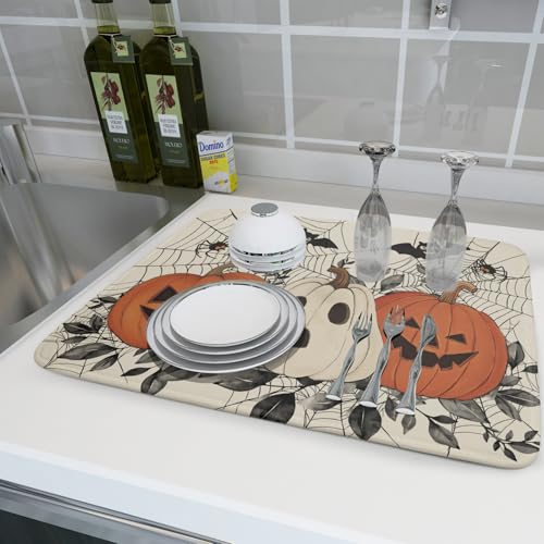 Halloween Pumpkin Dish Drying Mat for Kitchen Counter 18x24 Black Bat & Spiderweb