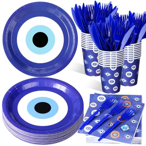 Blue Evil Eye Party Paper Plates Napkins Set - Disposable Halloween Decor 24 Servings