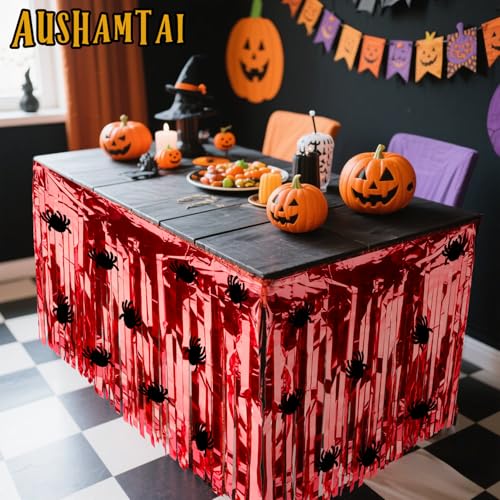 Red Sequin Halloween Tablecloth 28x106 Inch with Spider Decorations
