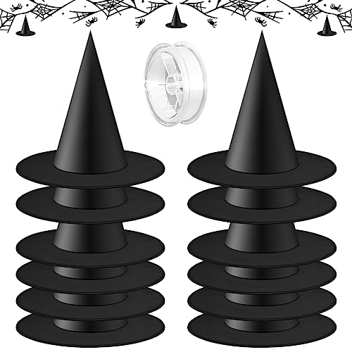 12pcs Halloween Floating Black Witch Hats with 98ft Hanging Rope - Costume & Party Decor