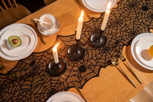 Halloween Lace Spider Web Table Runner Black 18x72 Inches - Spooky Decor