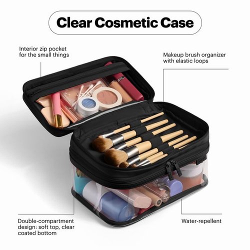 Away Clear Cosmetic Case for Travel, TSA Approved Double Compartment Makeup & Cosmetic Organizer with Leather Handle, Transparent Carry-On Pouch for Toiletries, Brushes & Essentials