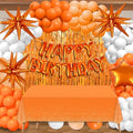 Orange White Birthday Decorations Set with Balloons, Fringe Curtains & Tablecloth - Variation: White Orange