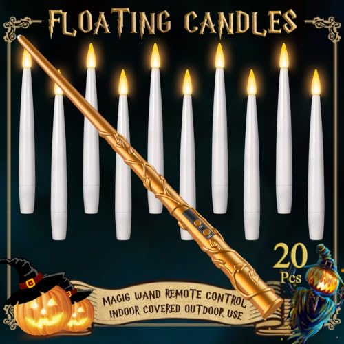 White Floating Candles with Wand - 20 Flameless LED Taper Candles - Magical Decor