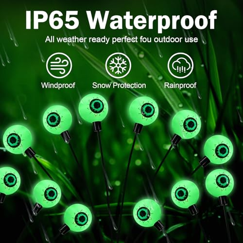 Solar Halloween Eyeball Lights - Waterproof Outdoor 12 LED Swirling Green Pathway Decor - 2 Pack