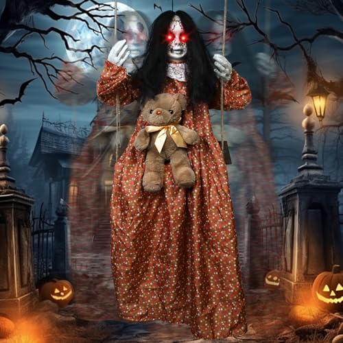 Scary Halloween Swing Ghost Decoration with Light-Up Eyes & Creepy Sound - Indoor & Outdoor Haunted House Props
