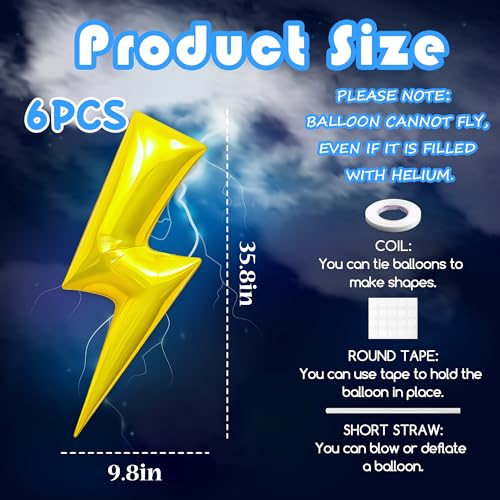 Giant Lightning Bolt Balloons 6-Pack - 45 Inch Superhero Party Decor