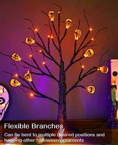 Lighted Halloween Tree with Pumpkin Ornaments - Black Spooky Bonsai Decor, 18 Inch Indoor Tabletop Decoration