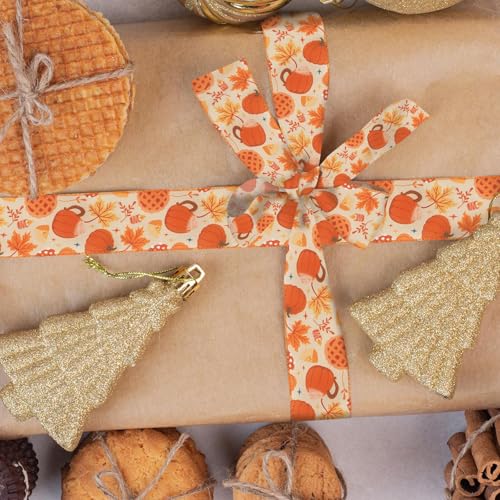 Fall Pumpkins and Maple Leaf Wired Edge Ribbon Set - 2 Rolls, 5 Yards Each, Autumn Thanksgiving Decor