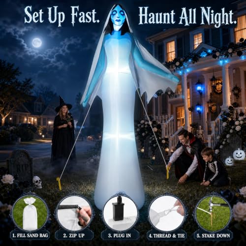 12FT Giant Halloween Inflatable Ghost Bride with Blue LED Lights Outdoor Decor