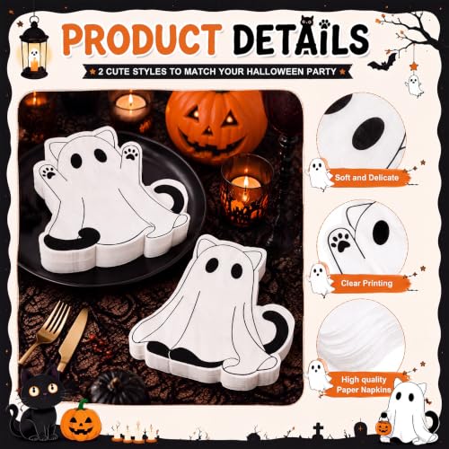 Halloween Ghost Cat Napkins - 100 Disposable 2-Ply Party Tableware
