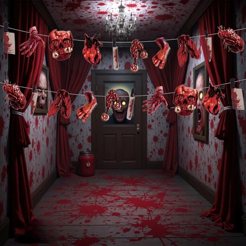 Halloween Party Banner with Fake Knives & Red Splatter Effects – Creepy Haunted House Decorations (4 Pieces)
