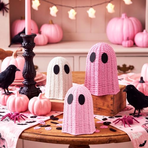 Pink Wicker Ghost Halloween Decor Set - Rustic Rattan Figurines, 3 Pieces