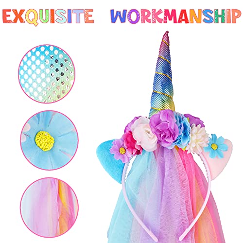 Unicorn Headband Set - Rainbow, Rose Gold & White Horns with Tulle for Birthday & Easter