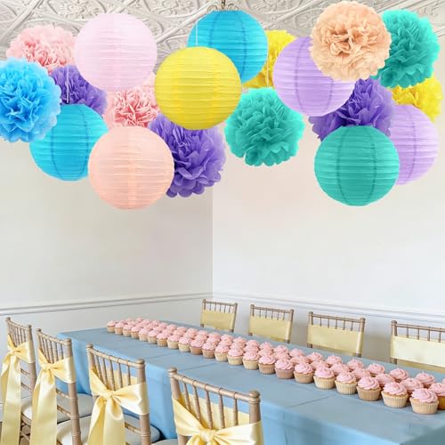 Macaron Tissue Hanging Paper Flowers Lanterns Party Decorations Set - 18 Pack