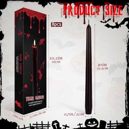 Halloween Bleeding Taper Candles - 8 Pack, 10 Inch Black Candles with Blood Effect