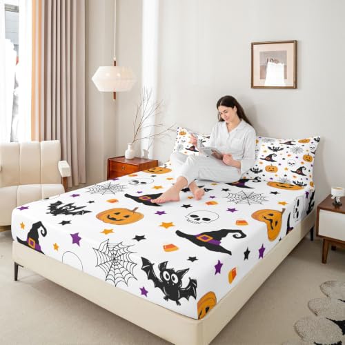 Halloween Pumpkin Decorations Gothic Bed Sheets Full Size with Spider Web & Bat Design - Multi 04