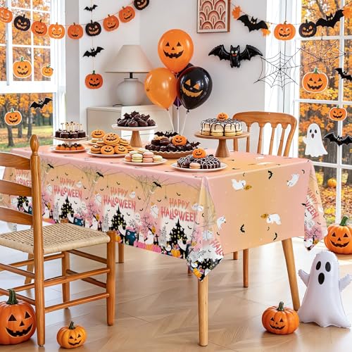 Pink Halloween Tablecloth Set - 3 Disposable 108x54 Inch Ghost Pumpkin Bats