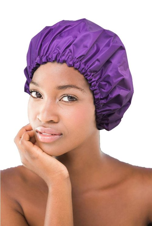 Glow by Daye Satin Lined Shower Cap - Adjustable Waterproof Hair Protection | Large, Purple Rain
