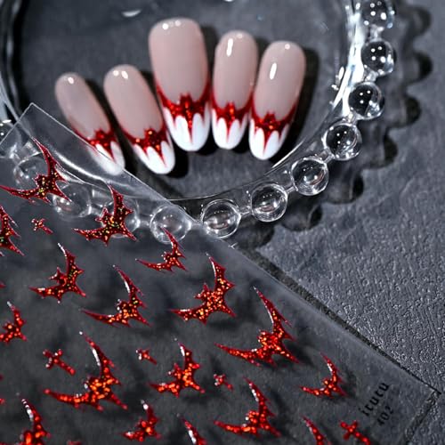 Halloween Bat Nail Stickers - 5D Embossed Red Bats & Holographic Glitter - Style-13