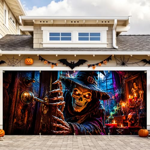 Gothic Halloween Garage Door Banner 7x16ft - Spooky Skeleton Wizard Outdoor Decoration - Halloween House Front Tapestry - Variation 263