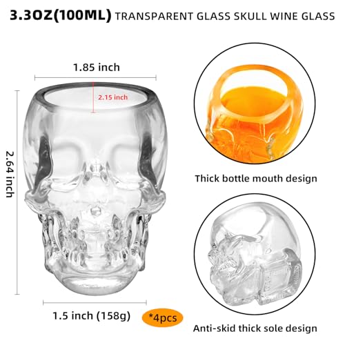 Skull Shot Glasses Set - 3.3 oz Mini Clear Drinking Cups for Halloween Parties - Small / 4