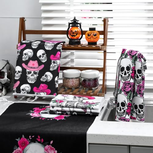 Halloween Skeleton Kitchen Towels Set - 6 Pcs Gothic Skull Dish Towels with Pink, White, Black Variations