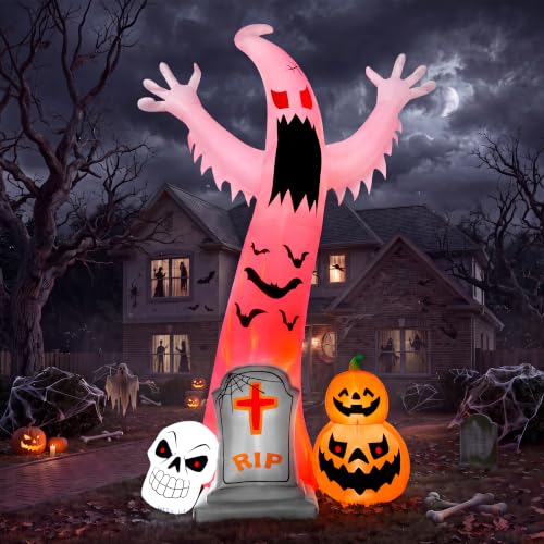 Giant 12FT Spooky Ghost Inflatable Halloween Decoration with Skull Tombstone & Colorful LED Lights - Red Variation