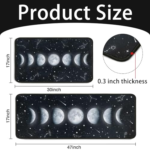 Moon Phase Kitchen Rugs Set 2 Pieces Black Non-Skid Mat & Runner - Variation Moon-2