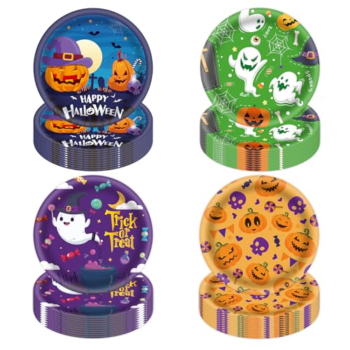 48Pcs Halloween Paper Plates 7 Inch with Ghost Pumpkin Skeleton Designs - Fall Party Tableware - Halloween Variation