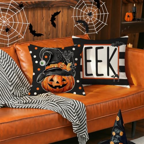 20x20 Inch Halloween Ghost Pumpkin Witch Hat Throw Pillow Covers Set of 4 - Spooky Jack O Lantern Decor