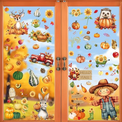 Fall Window Clings Set - Scarecrow & Autumn Decorations, Reusable Static Stickers