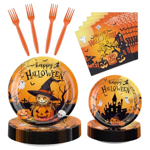 Halloween Party Supplies Plates Cups Spoons Forks Tablecloth Banner 24 Pieces - Halloween Style