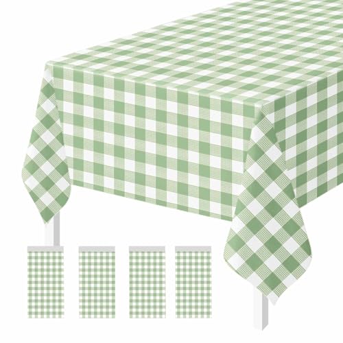 Sage Green Gingham Disposable Tablecloth Set - 4 Pack 54x108 Inches for Party & Events