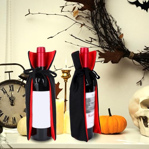 Halloween Vampire Cape Wine Bottle Covers - Reversible Knit Fabric Decorations, Set of 2