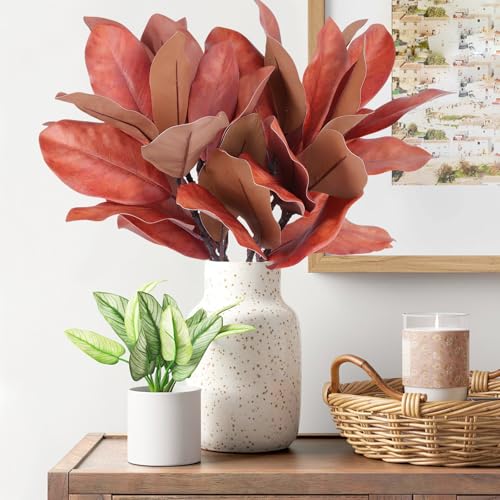 Artificial Magnolia Leaves Stems - Burgundy Fall Branches for Home Decor, Weddings & Events - 4 Pieces with Red Variation