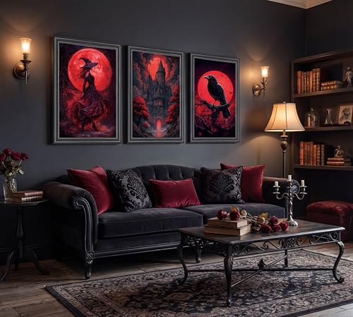 Halloween Canvas Wall Art Set - Red Ghostly Moon 16x24 Inches, 3 Pieces - Unframed Decor