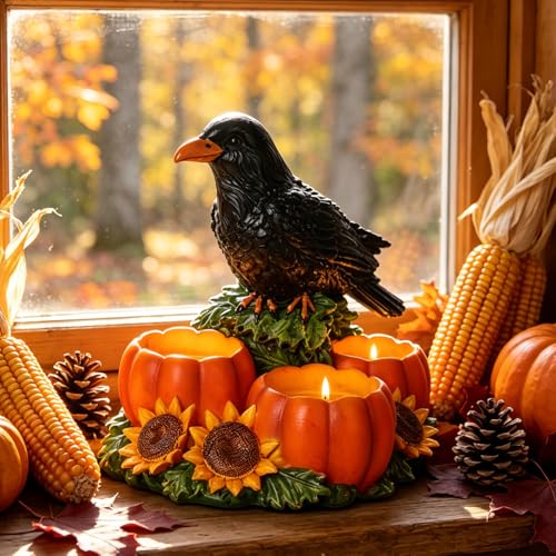 Halloween Raven Candle Holder with 3 Pumpkin Tealight Holders - Crow Candle Decor