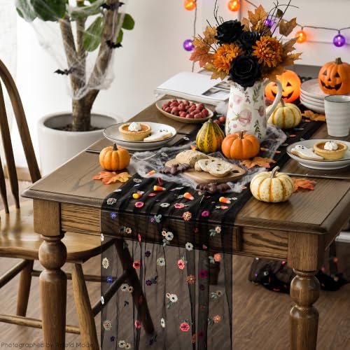 Black Embroidery Daisy Gauze Table Runner 28x120 Inch - Artoid Mode