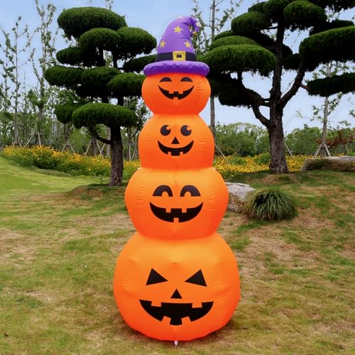 8FT Stacked Pumpkin Inflatable with Witch’s Hat and LED Lights - Halloween Yard Decor